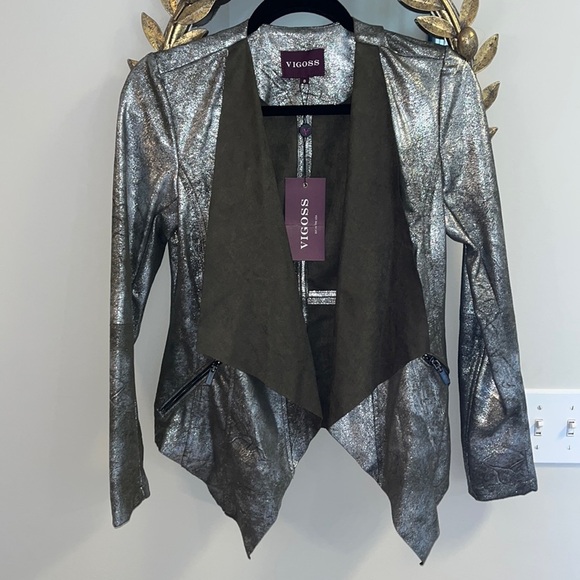 Vigoss Olive NWT Green crackled Suede Metallic Open Front MOTO Jacket Small S - Picture 4 of 8